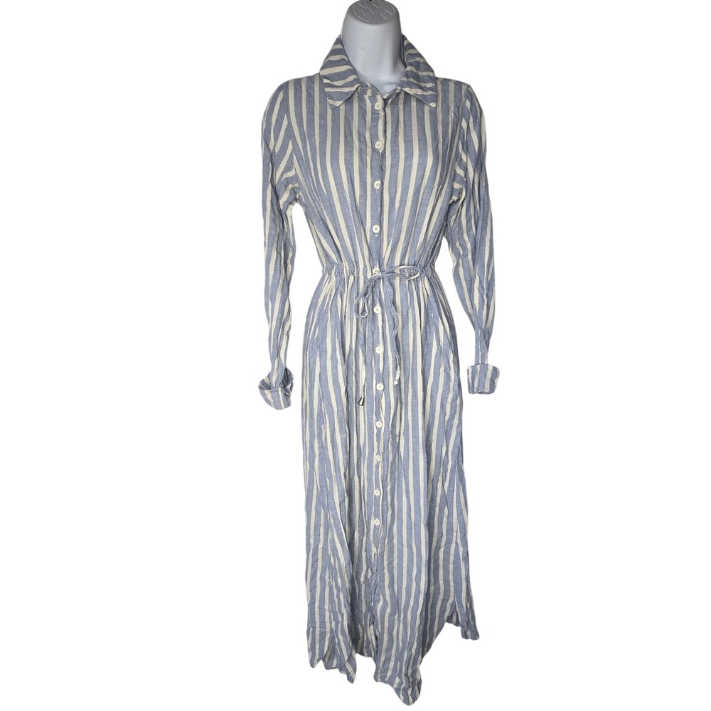 Benin Derin‎ Mavi Shirt Dress Women 8 Blue White Striped Cotton Coastal Maxi